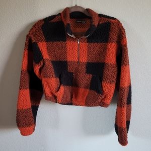 Plaid Cropped Sherpa Half Zip Pullover